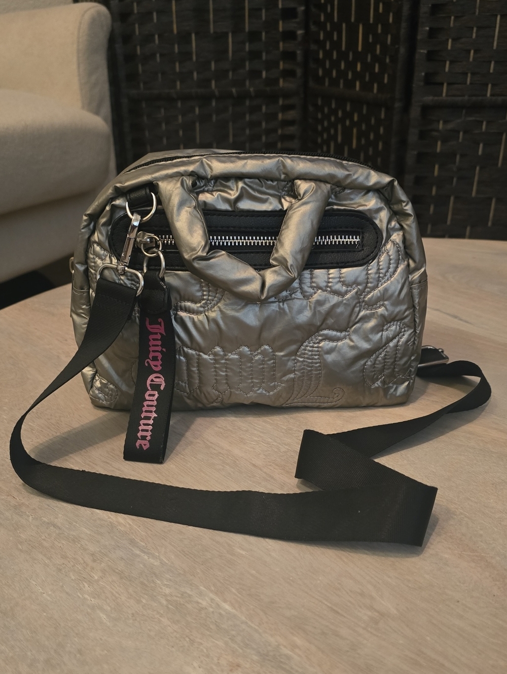 Juicy Couture Metallic Silver Gothic Quilted Puffer Convertible Crossbody Bag